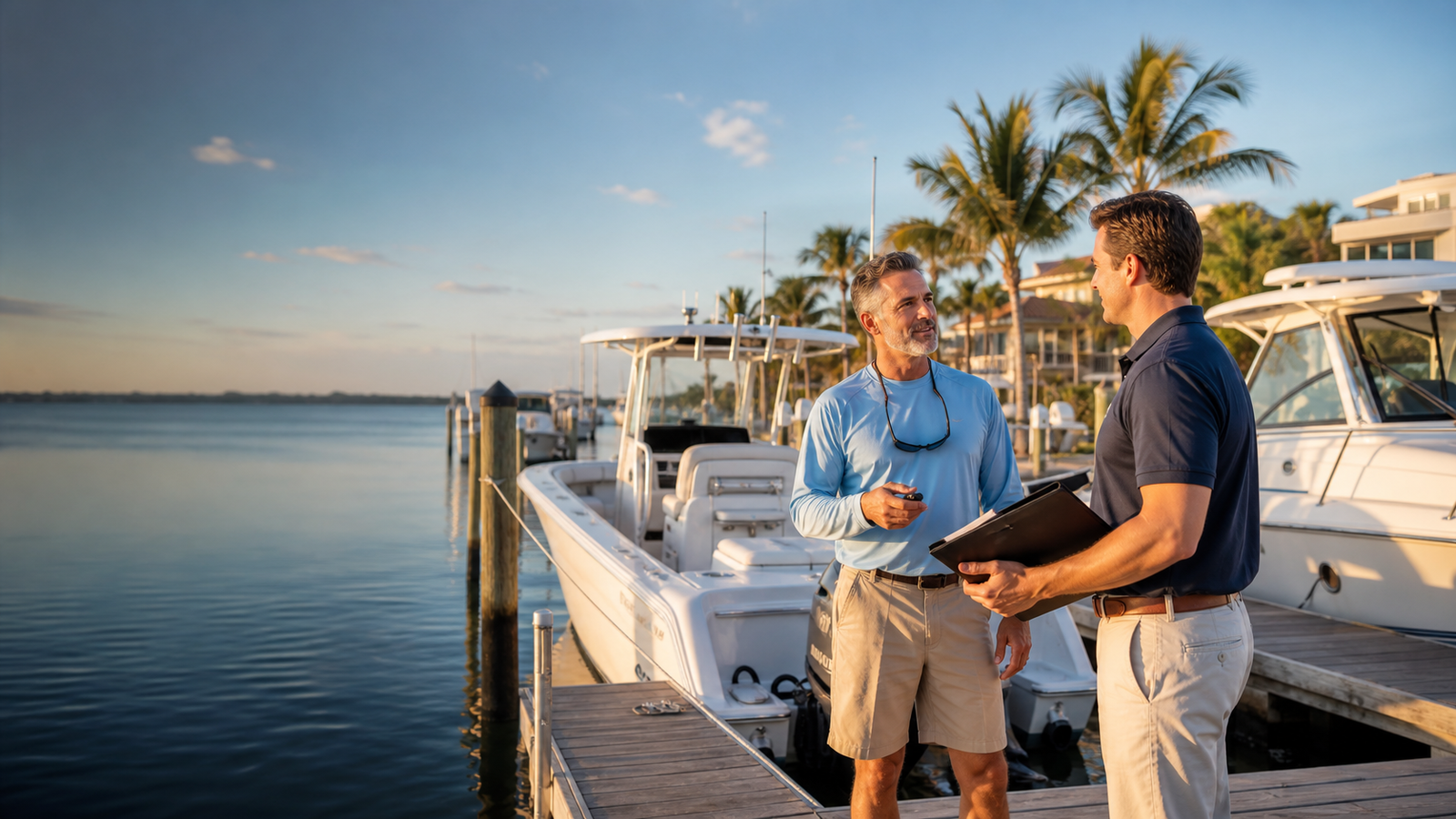 Boat owner reviewing insurance near a Florida marina