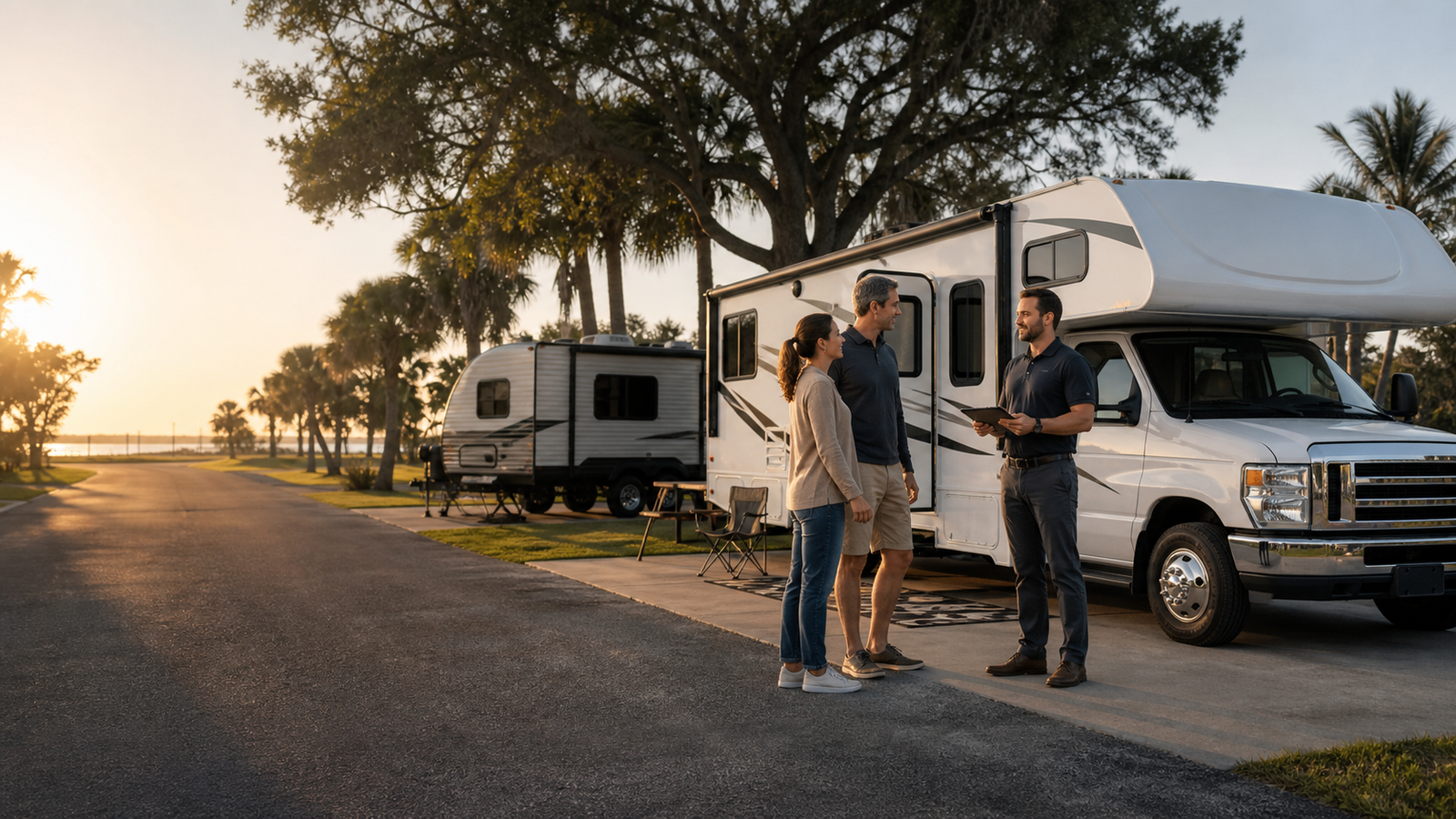 RV owner reviewing insurance beside a motorhome at a campground